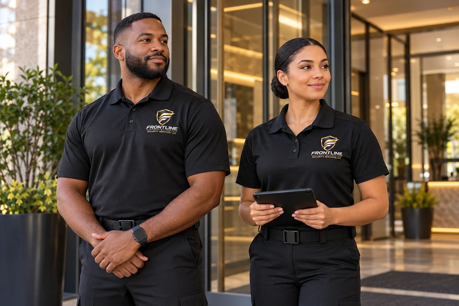 AI-generated security workers wearing the Frontline Security Services logo at a commercial entrance